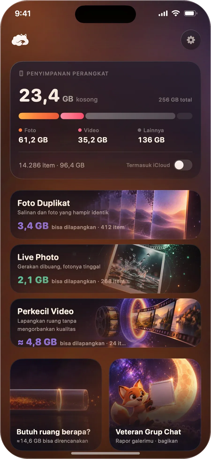 Layar utama DustFox: penyimpanan perangkat di atas, lalu Foto Duplikat, Live Photo, dan Perkecil Video di bawahnya beserta ruang yang bisa dilapangkan masing-masing