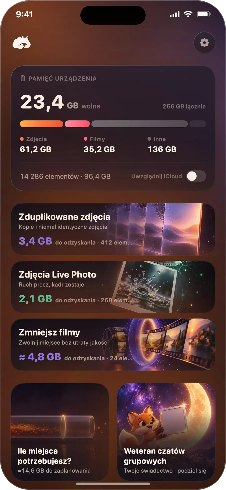 Ekran główny DustFox: u góry pamięć urządzenia, pod nią Zduplikowane zdjęcia, Zdjęcia Live Photo i Zmniejsz filmy z miejscem, które każda metoda może zwolnić