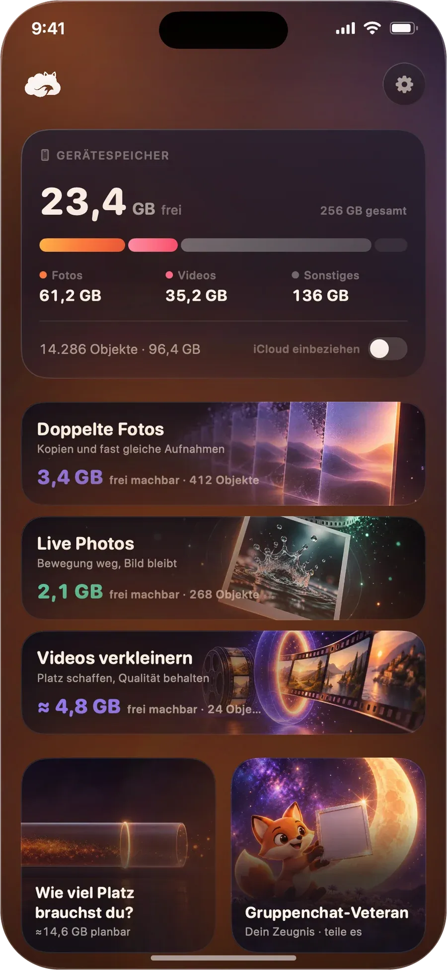 DustFox-Startbildschirm: oben der Gerätespeicher, darunter Doppelte Fotos, Live Photos und Videos verkleinern mit dem Platz, den jede Methode freimachen kann