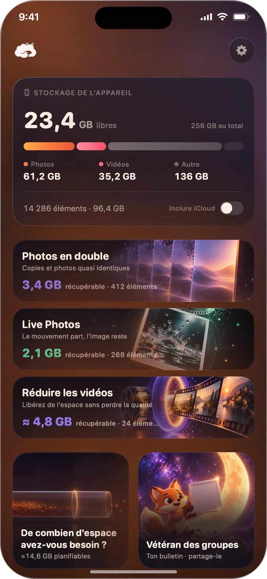 Écran d'accueil de DustFox : le stockage de l'appareil en haut, Photos en double, Live Photos et Réduire les vidéos en dessous, avec l'espace que chacune peut libérer