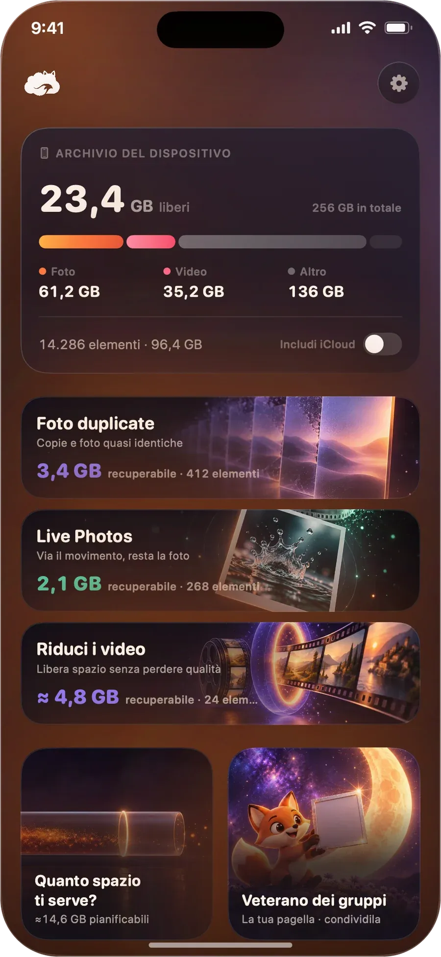 Schermata iniziale di DustFox: lo spazio del dispositivo in alto, sotto Foto duplicate, Live Photos e Riduci i video con lo spazio che ognuno può liberare
