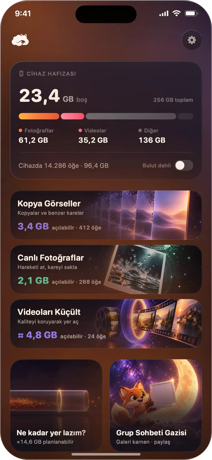 DustFox ana ekranı: üstte cihaz hafızası, altında açabilecekleri yerle birlikte Kopya Görseller, Canlı Fotoğraflar ve Videoları Küçült