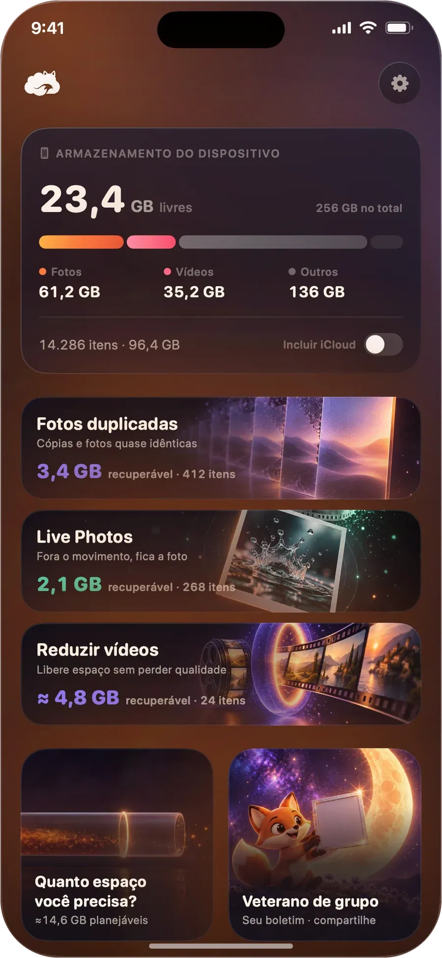 Tela inicial do DustFox: o armazenamento do aparelho no topo e, abaixo, Fotos duplicadas, Live Photos e Reduzir vídeos com o espaço que cada um pode liberar