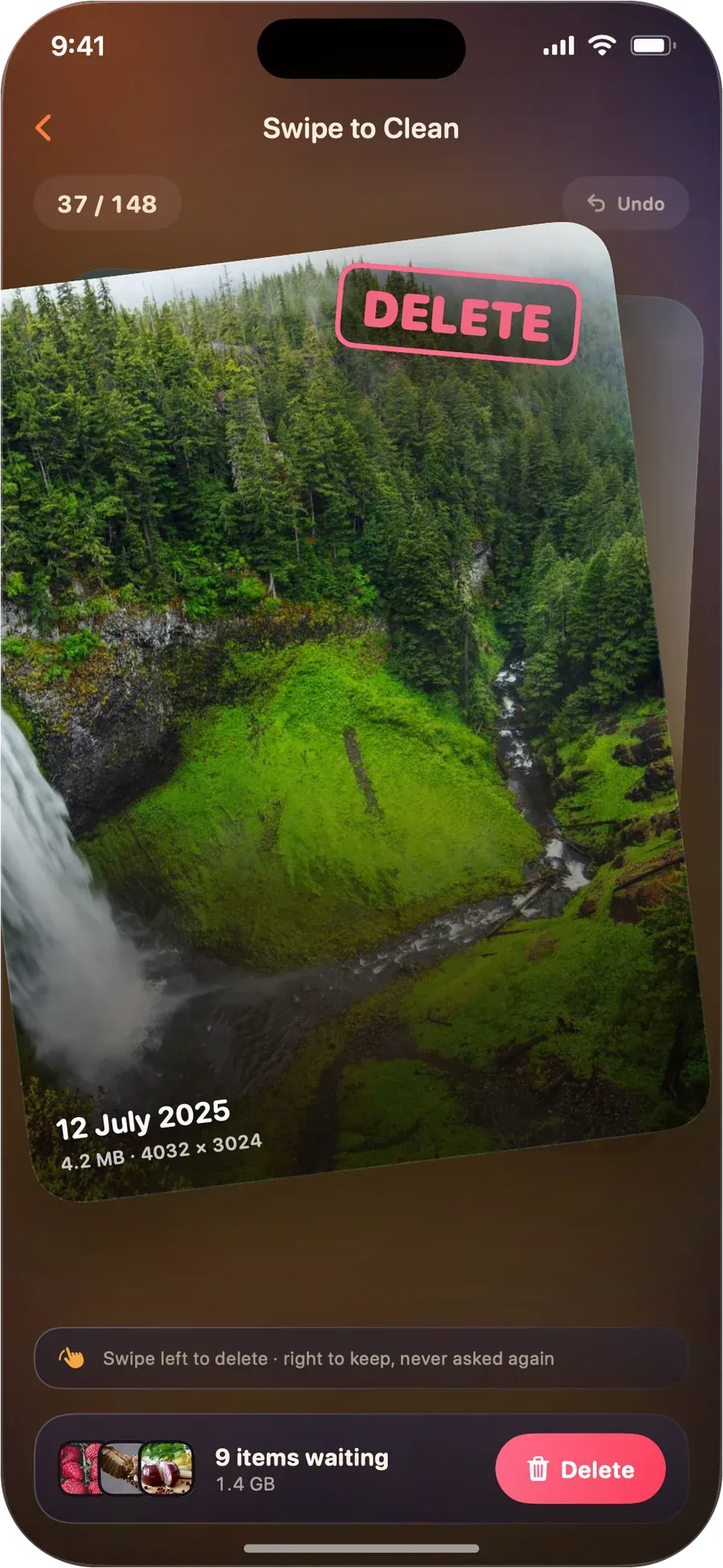 Swipe to Clean screen in DustFox