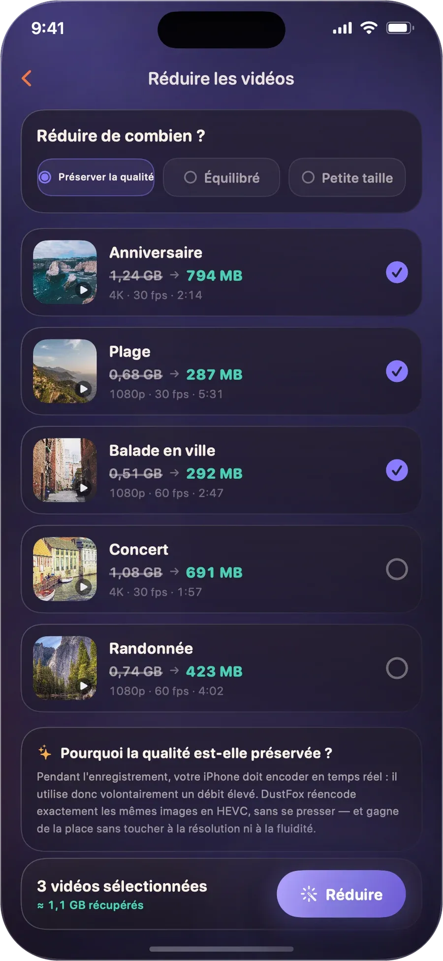 Écran Réduire les vidéos dans DustFox