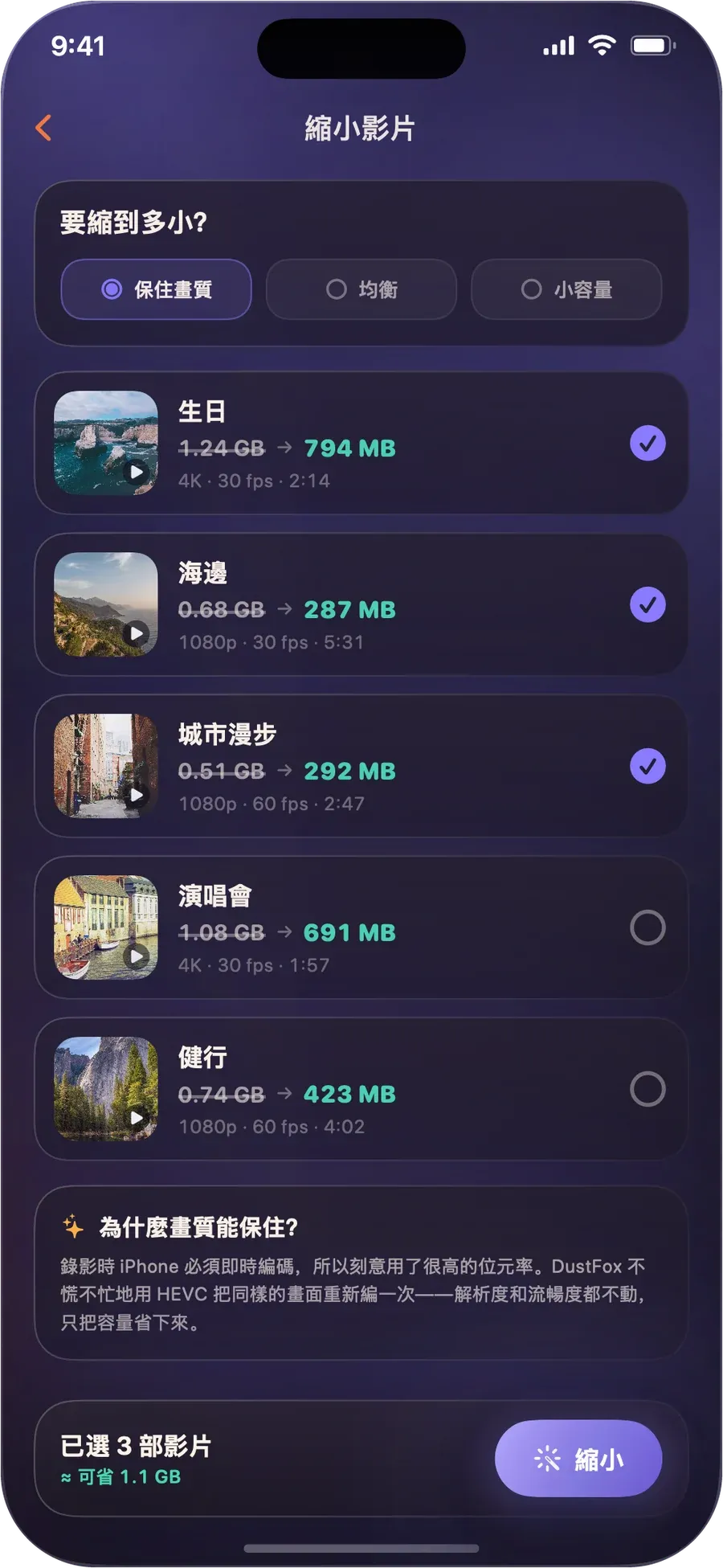 DustFox 中的「縮小影片」畫面