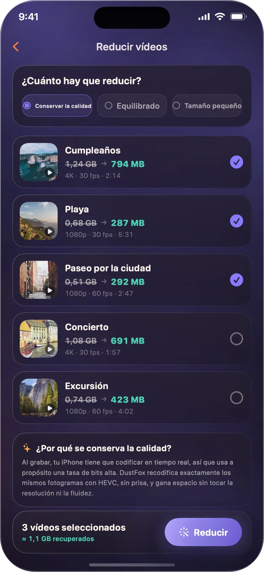 Pantalla Reducir vídeos en DustFox