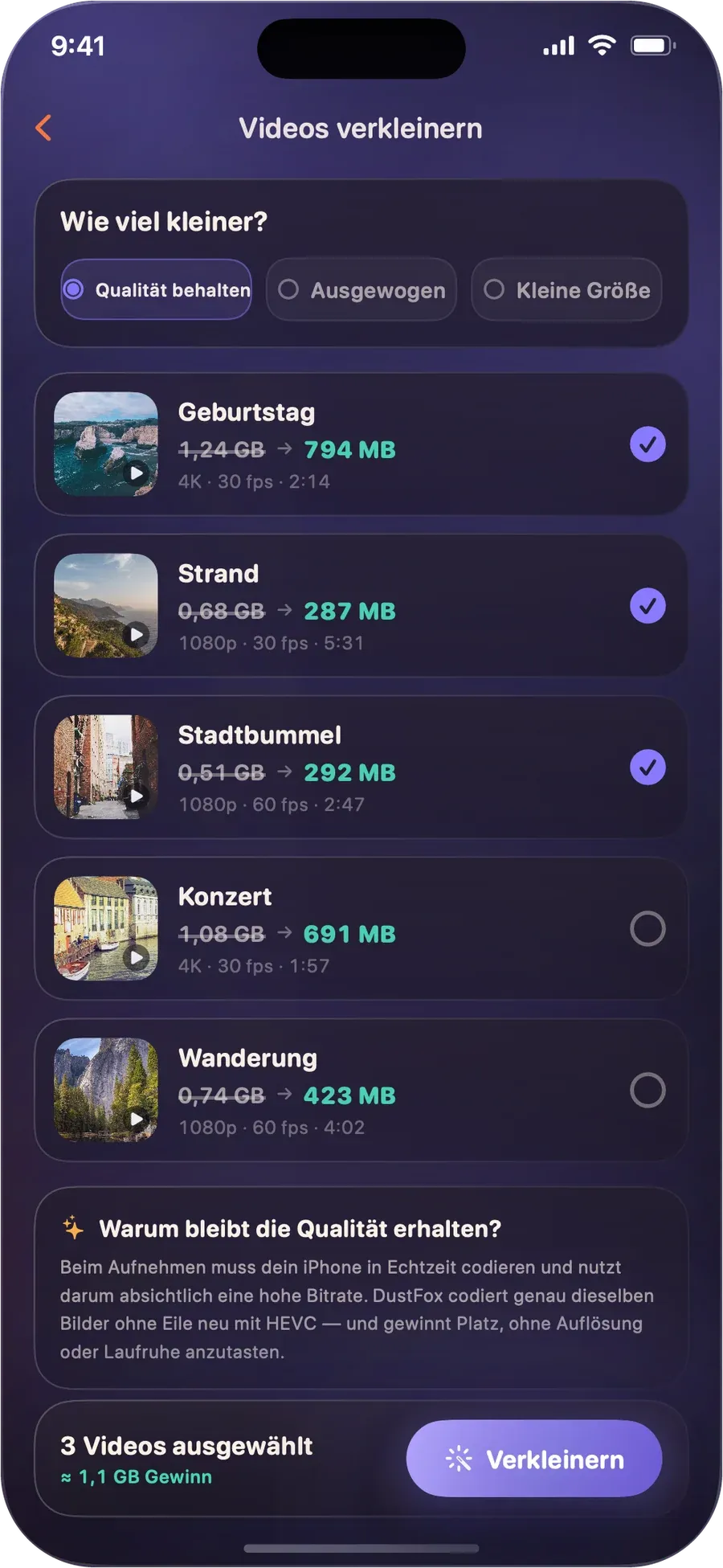 Bildschirm Videos verkleinern in DustFox