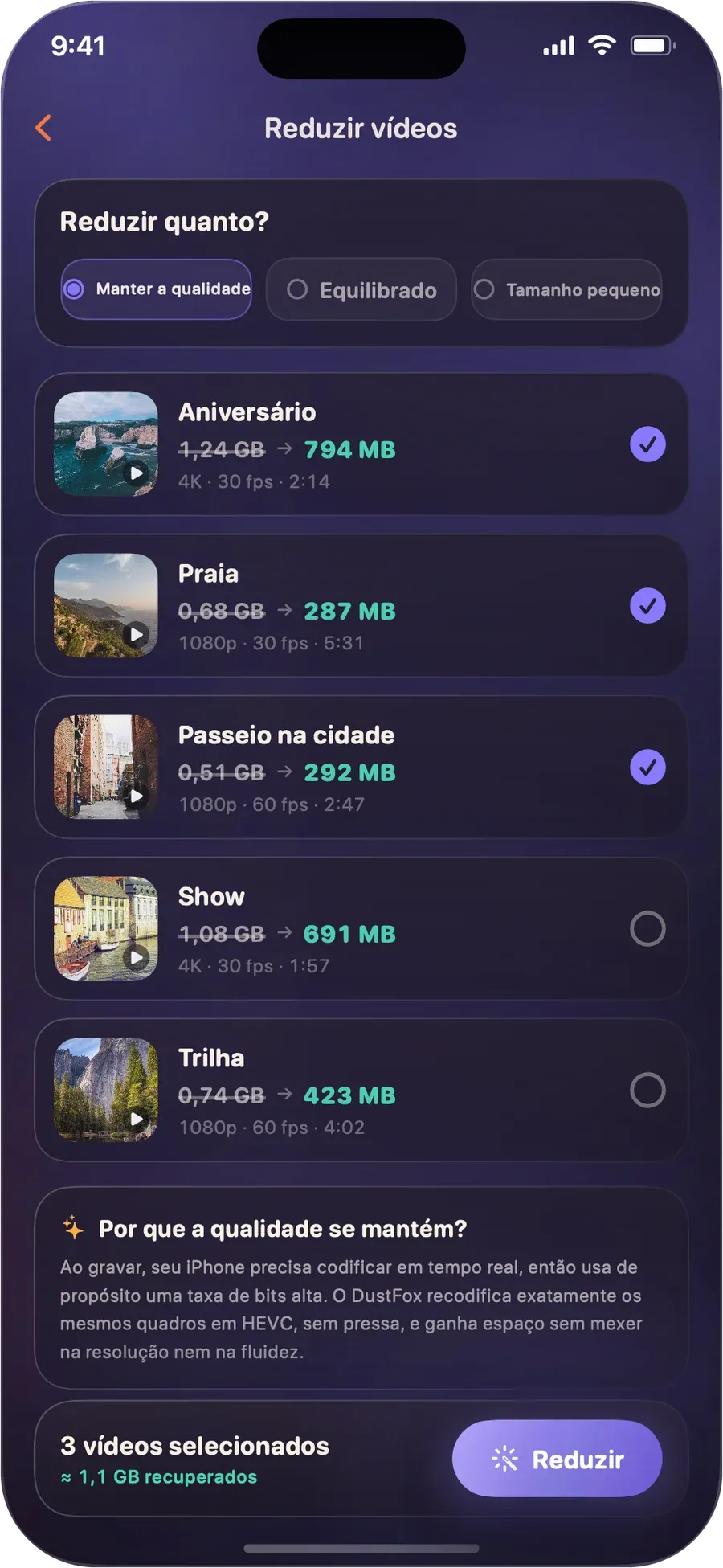 Tela de Reduzir vídeos no DustFox