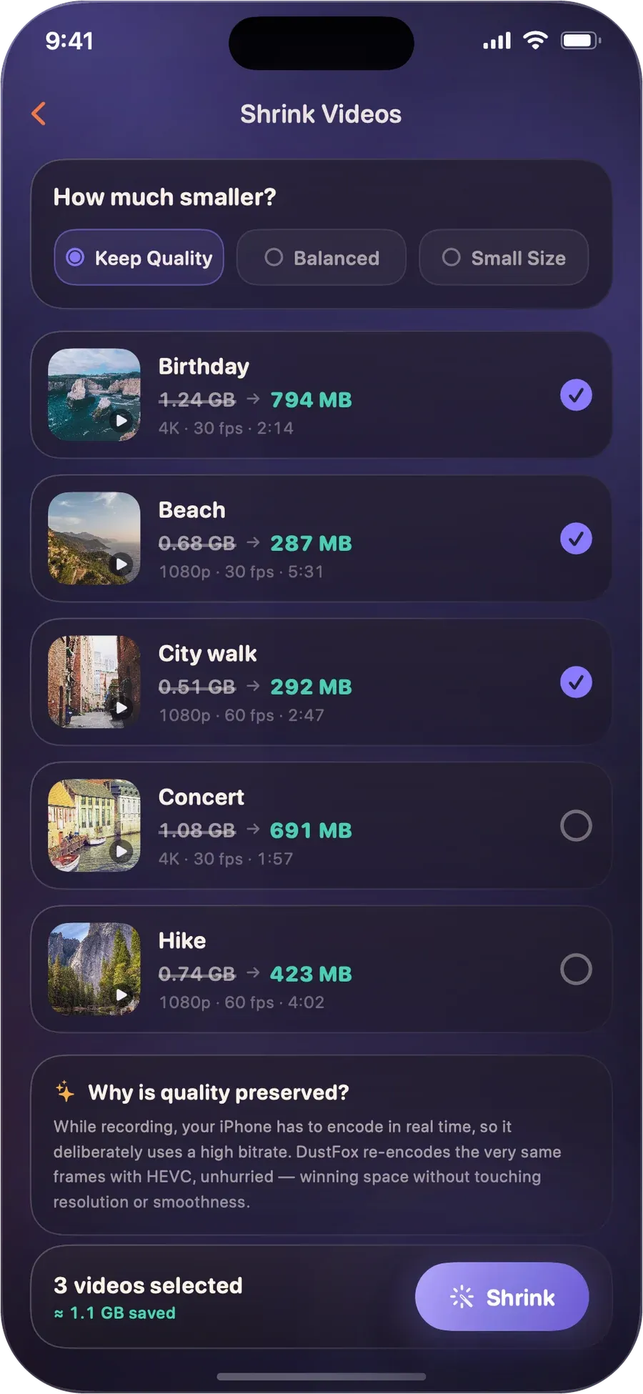 Shrink Videos screen in DustFox
