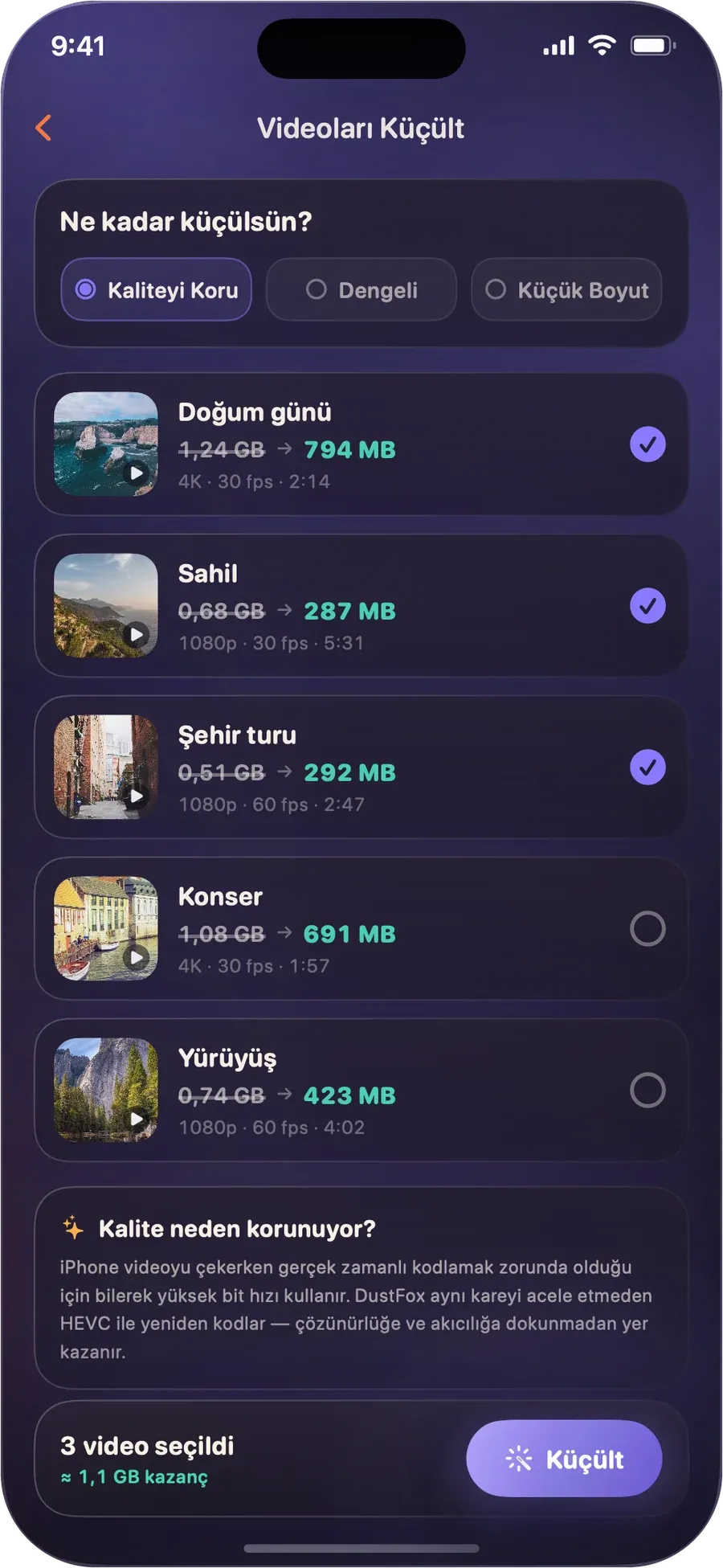 DustFox'ta Videoları Küçült ekranı
