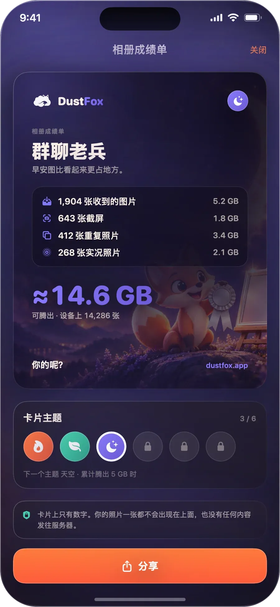 称号为“群聊老兵”的相册成绩单，标着可以腾出的空间