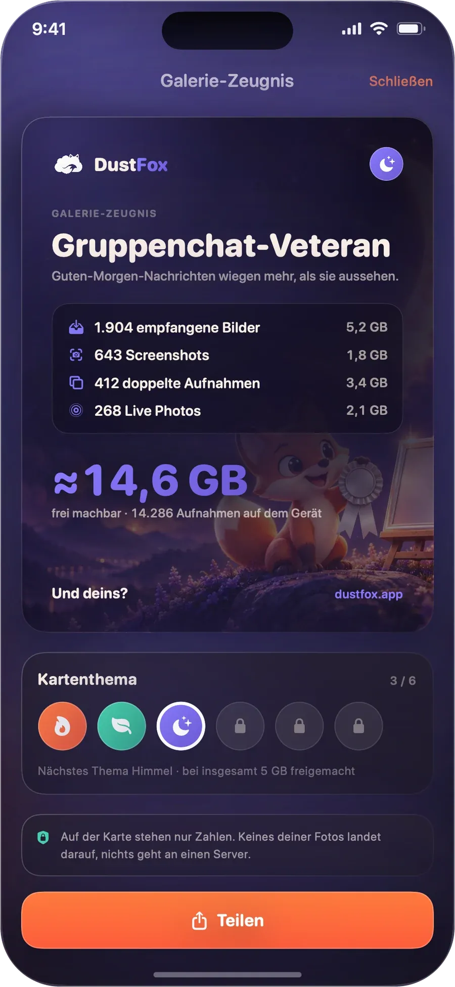 Galerie-Zeugnis mit dem Titel Gruppenchat-Veteran und dem Platz, der sich freimachen lässt