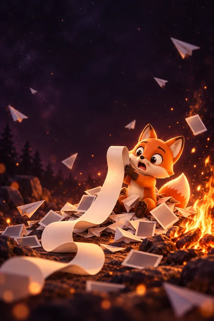 Group Bill scene: a fox reading a long receipt among paper planes and photos