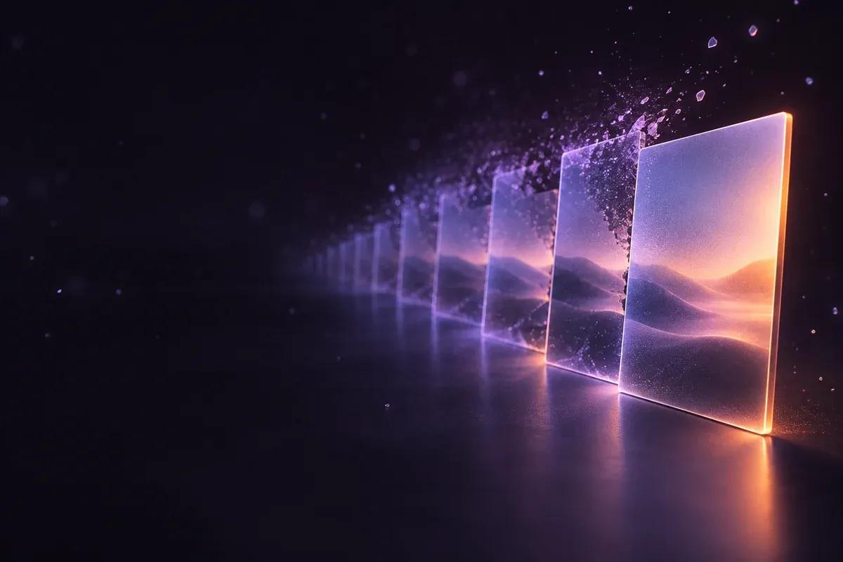A row of glass photo frames fading into dust, with the sharpest one glowing at the front