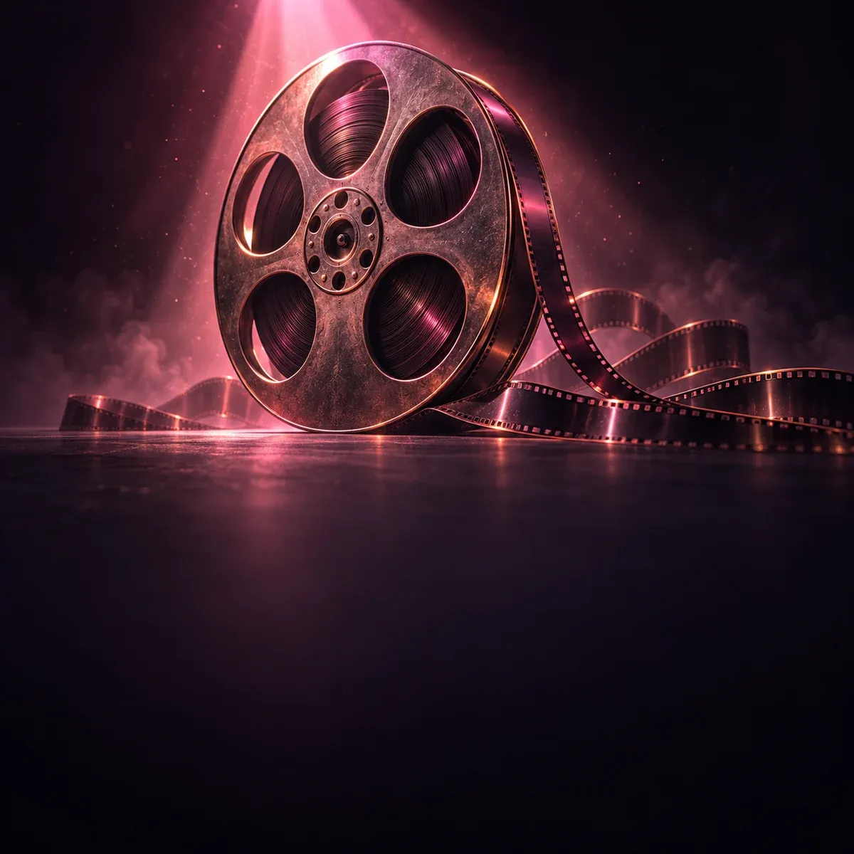A tall stack of film reels casting a long shadow